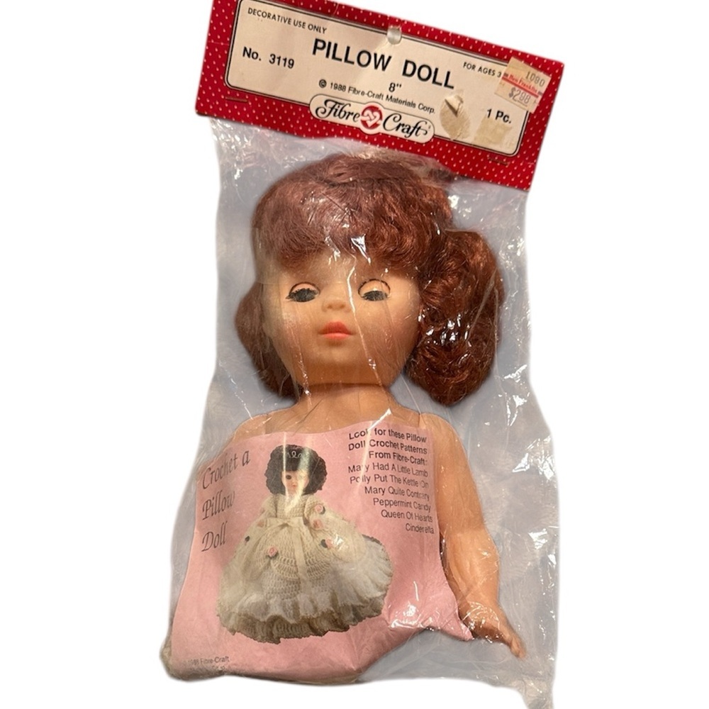 Vintage Fibre Craft 8” pillow doll with red hair for crochet craft / dollmaking